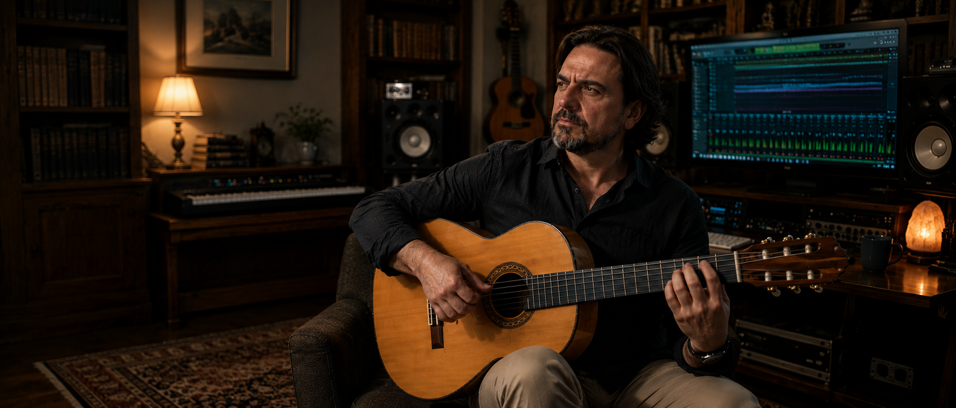 Antonio Dovao con guitarra en su estudio